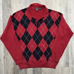 VTG Nautica Argyle Cotton Knit Red/Blue Collared Pull Over Mens Preppy Sweater